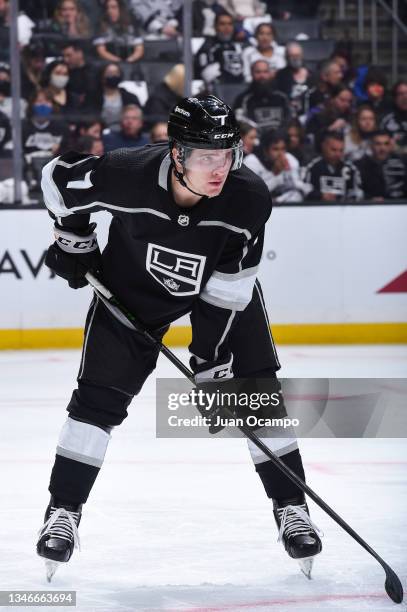 Tobias Bjornfot of the Los Angeles Kings gets ready for the play during the second period against the Vegas Golden Knights at STAPLES Center on...