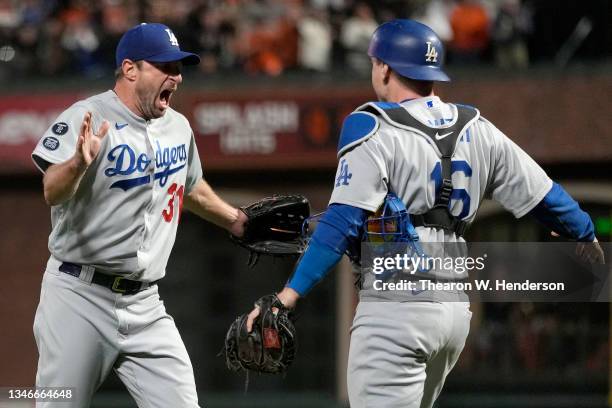 Max Scherzer and Will Smith of the Los Angeles Dodgers celebrate after beating the San Francisco Giants 2-1 in game 5 of the National League Division...