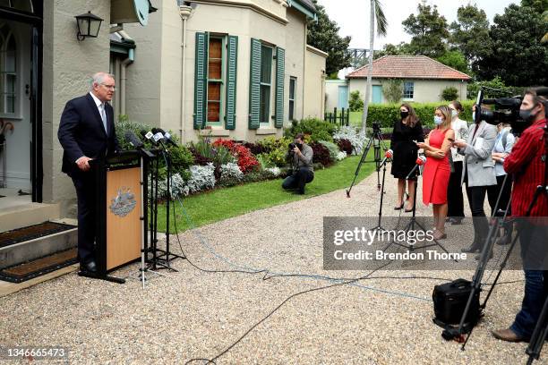 Australian Prime Minister Scott Morrison speaks during a media conference on October 15, 2021 in Sydney, Australia. Prime Minister Scott Morrison has...