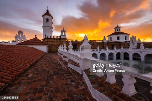 view of san felipe neri church in sucre at sunset, bolivia. - sucre stock pictures, royalty-free photos & images