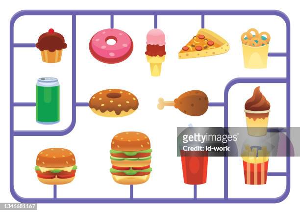 illustrazioni stock, clip art, cartoni animati e icone di tendenza di kit modello cibo spazzatura - scatola di montaggio