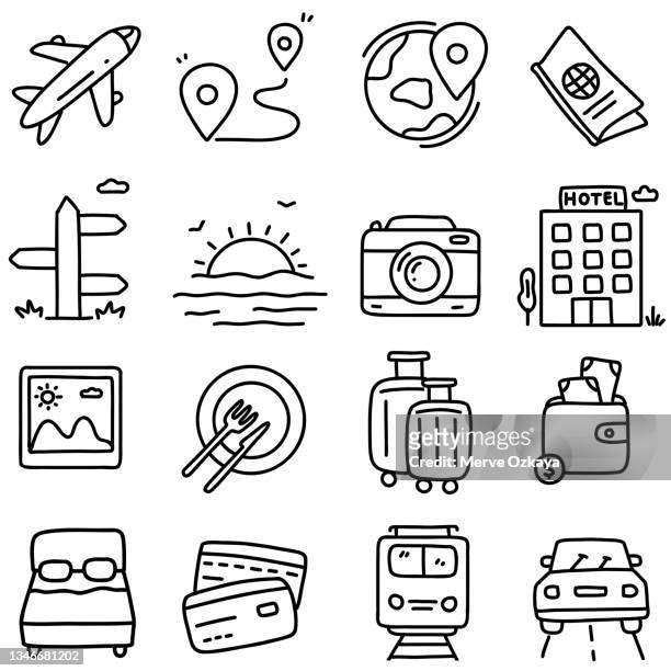 ilustrações, clipart, desenhos animados e ícones de conjunto de ícones da linha de doodle de viagem - camera bag