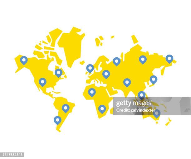 bildbanksillustrationer, clip art samt tecknat material och ikoner med world map geometric shapes location pins - uncomplicated