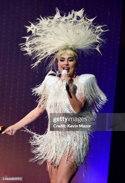 Lady Gaga performs during her 'JAZZ & PIANO' residency at Park MGM on October 14, 2021 in Las Vegas, Nevada.