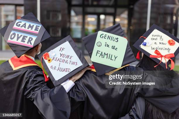 graduation. personalized mortarboards - graduation yard sign stock pictures, royalty-free photos & images