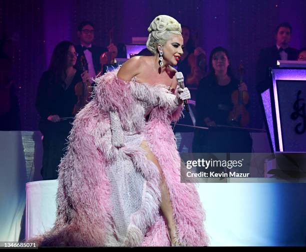 Lady Gaga performs during her 'JAZZ & PIANO' residency at Park MGM on October 14, 2021 in Las Vegas, Nevada.