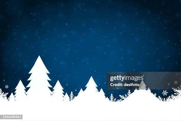 a midnight blue coloured creative merry christmas and new year festive vector design, with white xmas coniferous trees in a row in glittery snow - row of christmas trees stock illustrations