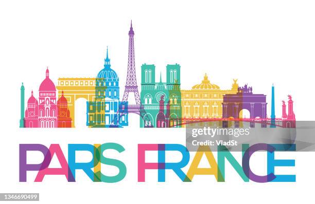 paris france iconic travel landmarks and monuments risograph overprint design - arc de triomphe paris stock illustrations