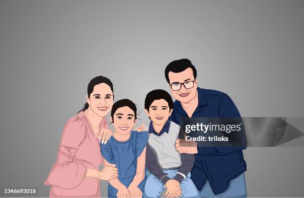 ilustrações de stock, clip art, desenhos animados e ícones de portrait indian family over white background - asian family