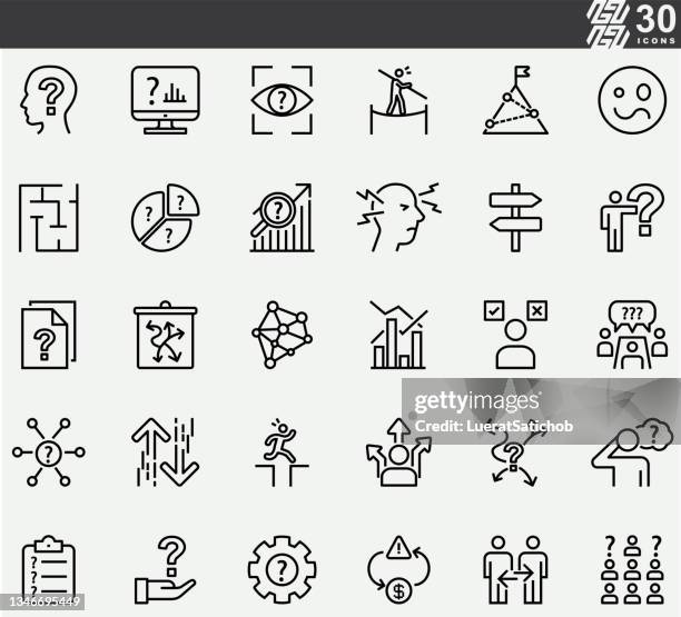 vuca - volatility, uncertainty, complexity, ambiguity acronym business concept line icons - confusion stock illustrations