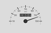 Isolated speedometer. Car mileage, measuring kilometers. Circle speed control, accelerating dashboard of autos or motorbike, recent vector background
