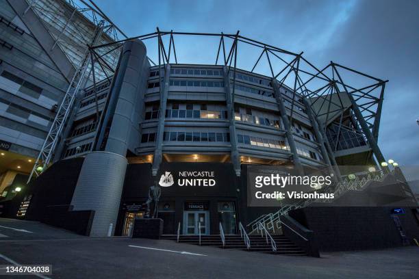 General view of the outside of St James' Park, home of Newcastle United FC on October 14, 2021 in Newcastle, England