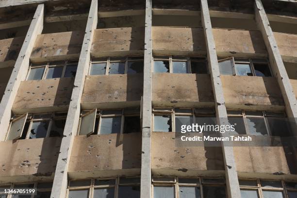 Damages caused by shrapnels in the area of Tayyouneh following yesterday's clashes on October 15, 2021 in Beirut, Lebanon. On October 14 protests by...