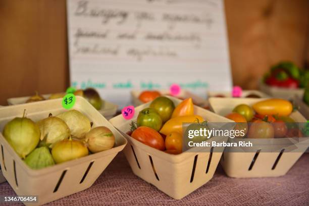 assorted varieties of small heirloom tomatoes and tomatillos freshly harvested and ready for sale at the produce stand - tomatillo stock pictures, royalty-free photos & images