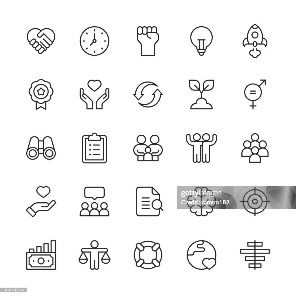 Core Values Line Icons. Editable Stroke. Pixel Perfect. For Mobile and Web. Contains such icons as Ambition, Charity, Equality, Family, Friendship, Growth, Innovation, Love, Money, Quality, Responsibility, Social Issues, Sustainability, Teamwork, Trust.