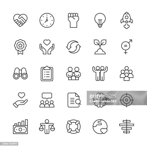 ilustrações de stock, clip art, desenhos animados e ícones de core values line icons. editable stroke. pixel perfect. for mobile and web. contains such icons as ambition, charity, equality, family, friendship, growth, innovation, love, money, quality, responsibility, social issues, sustainability, teamwork, trust. - igualdade