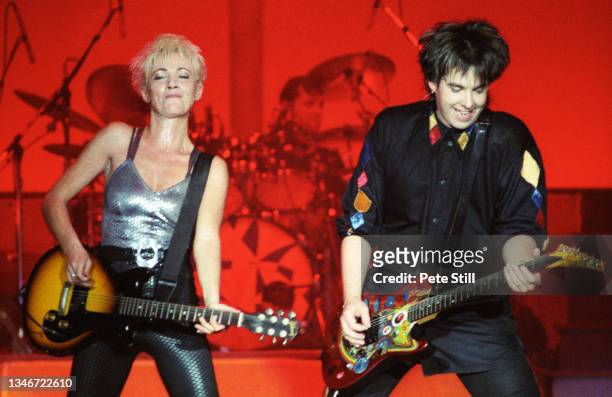 Marie Fredriksson and Per Gessle of Roxette perform on stage on the 'Join The Joyride' tour at Wembley Arena on October 19th, 1991 in London, England.