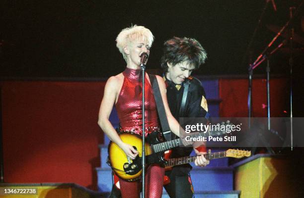 Marie Fredriksson and Per Gessle of Roxette perform on stage on the 'Join The Joyride' tour at Wembley Arena on October 19th, 1991 in London, England.