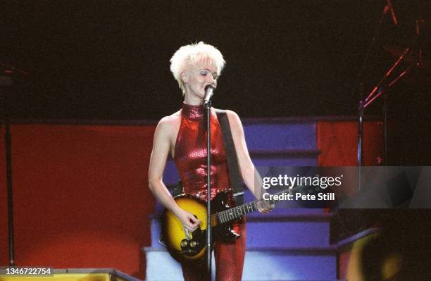 Marie Fredriksson of Roxette performs on stage on the 'Join The Joyride' tour at Wembley Arena on October 19th, 1991 in London, England.