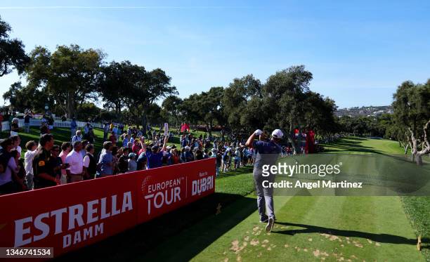 Jon Rahm of Spain tees off on the 10th hole during the second round of The Estrella Damm N.A. Andalucia Masters at Real Club Valderrama on October...