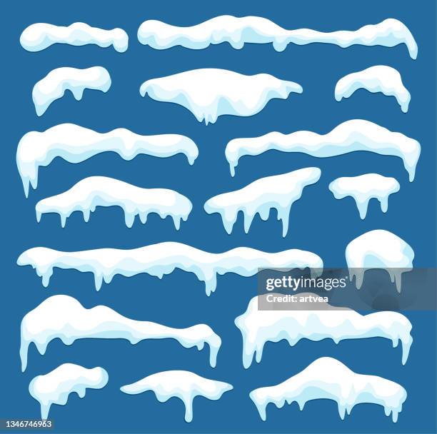 ilustrações, clipart, desenhos animados e ícones de tampas de neve brancas definidas em fundo azul - água congelada