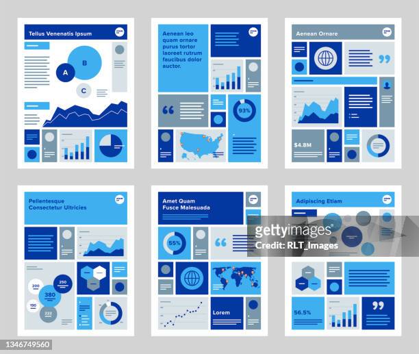 stockillustraties, clipart, cartoons en iconen met modern infographic data sheet design template — modular grid  page layout set - annual report layout