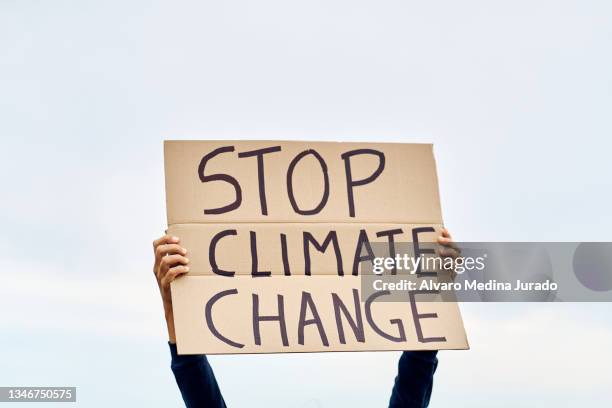 unrecognizable woman's hands holding a protest banner with the message to stop climate change, with the sky in the background. - frau mit plakat stock-fotos und bilder