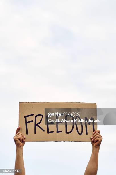 unrecognizable man's hands holding a protest banner with the message freedom, with the sky in the background. - free show stock pictures, royalty-free photos & images