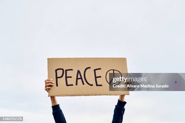 hands of unrecognizable woman holding a protest banner with the message and symbol of peace, with the sky in the background. - ピースサイン ストックフォトと画像