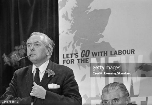 British Labour leader Harold Wilson holds a party press conference during the October 1964 general election campaign, UK, 6th October 1964.