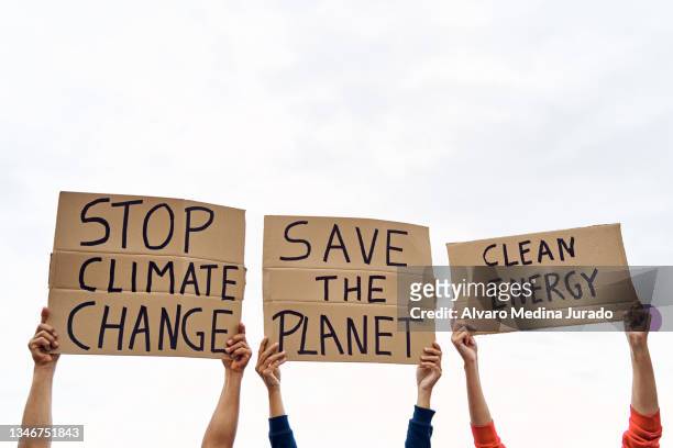 unrecognizable man and women holding protest banners with messages of save the planet, stop climate change and clean energy, with the sky in the background. - campaigner stock pictures, royalty-free photos & images