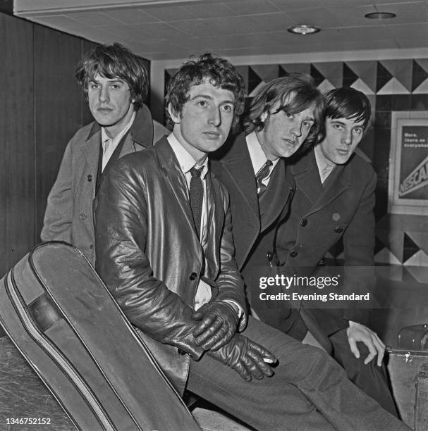 English rock band The Kinks at London Airport , UK, 16th January 1965. They are flying to Australia for a concert tour. From left to right, Ray...