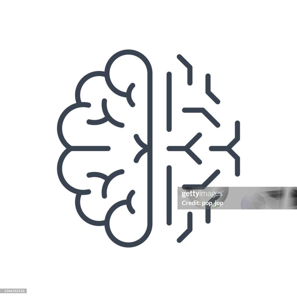 Cerebro digital. Aprendizaje automático - Icono de línea. Ilustración vectorial de stock