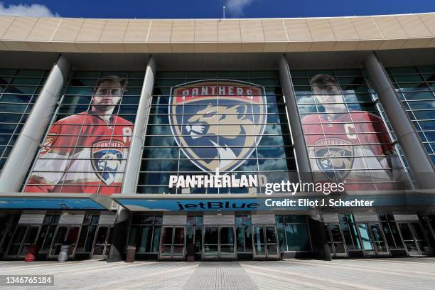 General view of the exterior of the FLA Live Arena prior to the Florida Panthers hosting the Pittsburgh Penguins on October 14, 2021 in Sunrise,...