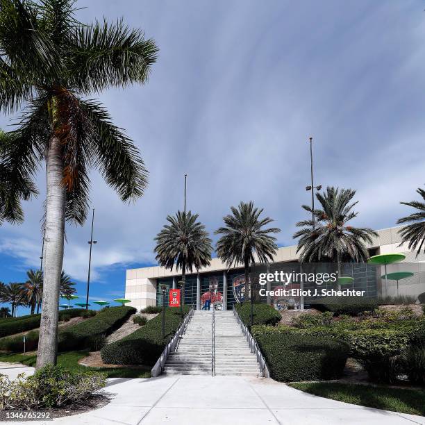 General view of the exterior of the FLA Live Arena prior to the Florida Panthers hosting the Pittsburgh Penguins on October 14, 2021 in Sunrise,...