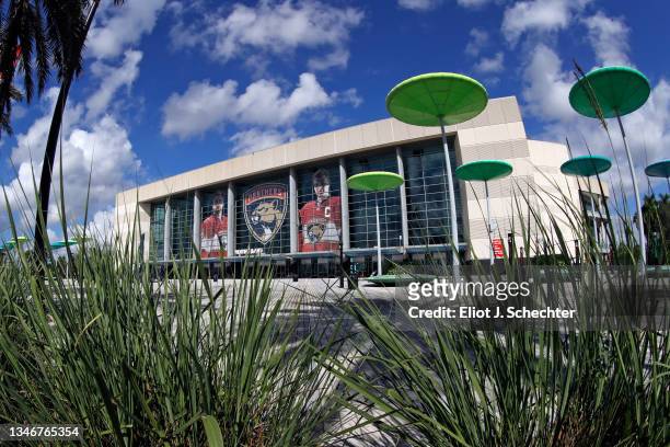 General view of the exterior of the FLA Live Arena prior to the Florida Panthers hosting the Pittsburgh Penguins on October 14, 2021 in Sunrise,...