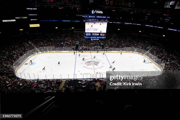 General view of the ice during the game between the Columbus Blue Jackets and the Arizona Coyotes at Nationwide Arena on October 14, 2021 in...