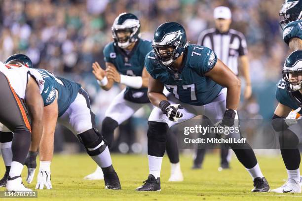 Andre Dillard of the Philadelphia Eagles in action against the Tampa Bay Buccaneers at Lincoln Financial Field on October 14, 2021 in Philadelphia,...