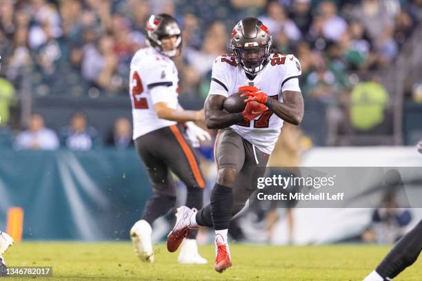 Ronald Jones II of the Tampa Bay Buccaneers runs the ball against the Philadelphia Eagles at Lincoln Financial Field on October 14, 2021 in...