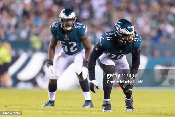 Derek Barnett and Davion Taylor of the Philadelphia Eagles in action against the Tampa Bay Buccaneers at Lincoln Financial Field on October 14, 2021...