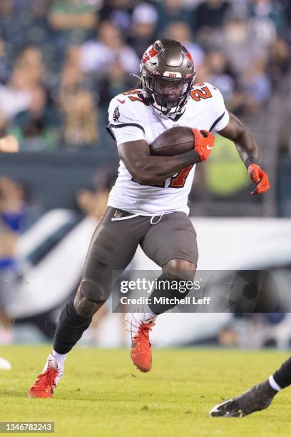 Ronald Jones II of the Tampa Bay Buccaneers runs the ball against the Philadelphia Eagles at Lincoln Financial Field on October 14, 2021 in...