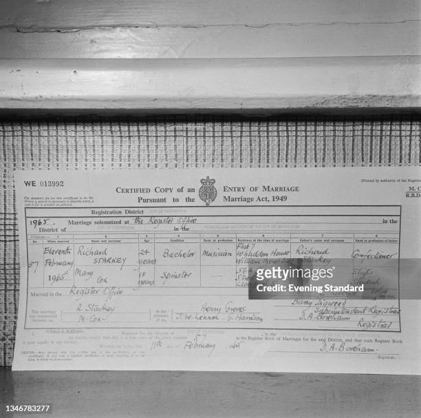 The marriage certificate of English drummer Richard Starkey, aka Ringo Starr of the Beatles, and hairdresser Mary Cox, aka Maureen Cox, on 11th...