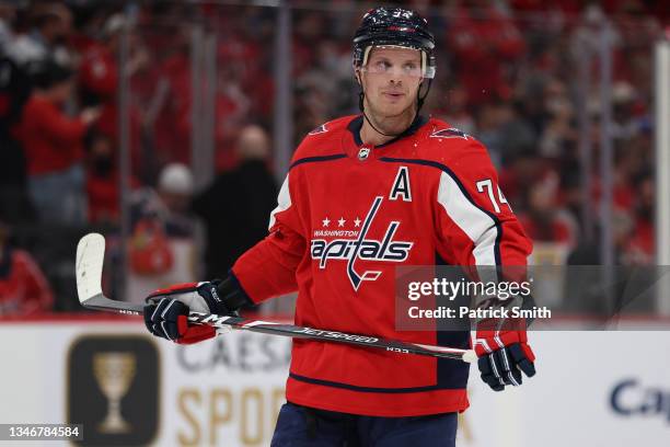 John Carlson of the Washington Capitals looks on against the New York Rangers at Capital One Arena on October 13, 2021 in Washington, DC.