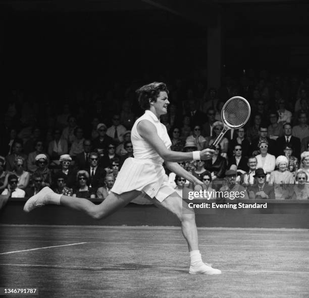 Australian tennis player Margaret Smith, later Margaret Court, plays Norma Baylon of Argentina in the quarterfinals of the Women's Singles, at the...