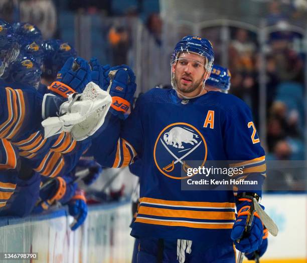 Zemgus Girgensons of the Buffalo Sabres during the game against the Montreal Canadiens at KeyBank Center on October 14, 2021 in Buffalo, New York.