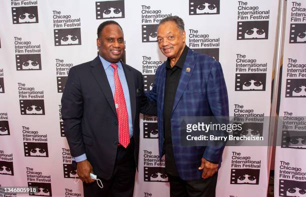 Jonathan Jackson with father Rev. Jesse Jackson on the red carpet for "Punch 9 For Harld Washington" during the 57th Chicago International Film...