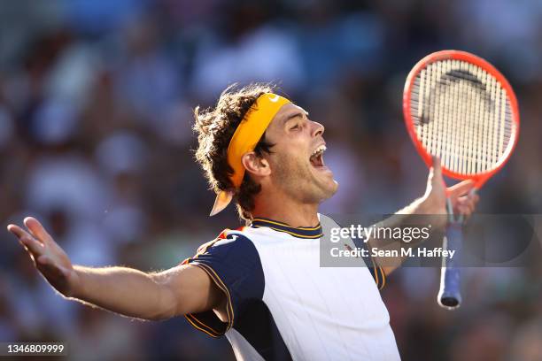 Taylor Fritz of the United States celebrates after defeating Alexander Zverev of Germany in a match on Day 12 of the BNP Paribas Open on October 15,...