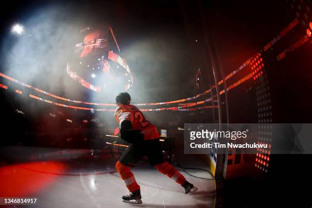 James van Riemsdyk of the Philadelphia Flyers is introduced before playing against the Vancouver Canucks at Wells Fargo Center on October 15, 2021 in...