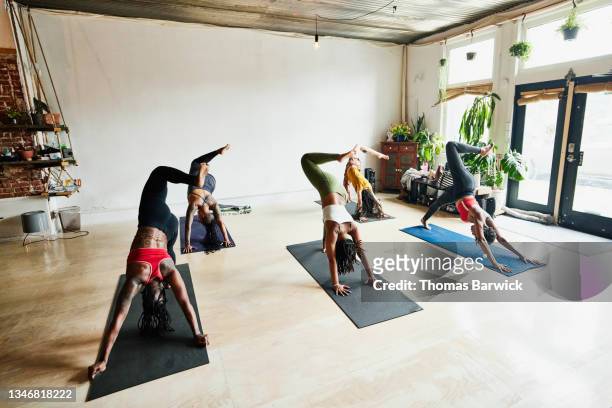 extreme wide shot of women in three legged downward dog pose during yoga class in studio - yoga studio - fotografias e filmes do acervo