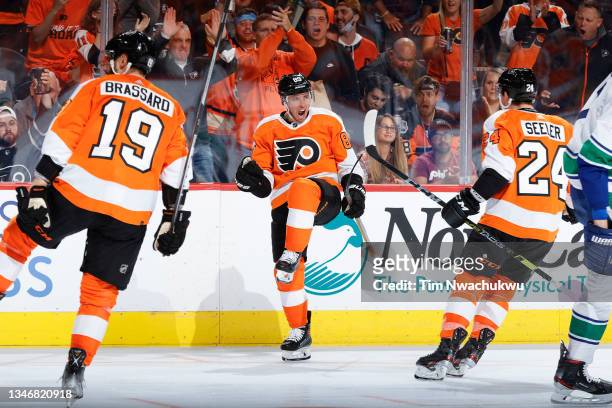 Cam Atkinson of the Philadelphia Flyers celebrates after scoring during the second period against the Vancouver Canucks at Wells Fargo Center on...